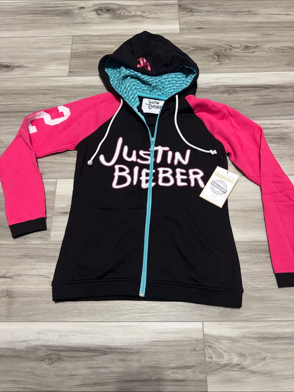 Justin Bieber Official Swaggy Hoodie Medium Black Pink Turquoise Full Zip
